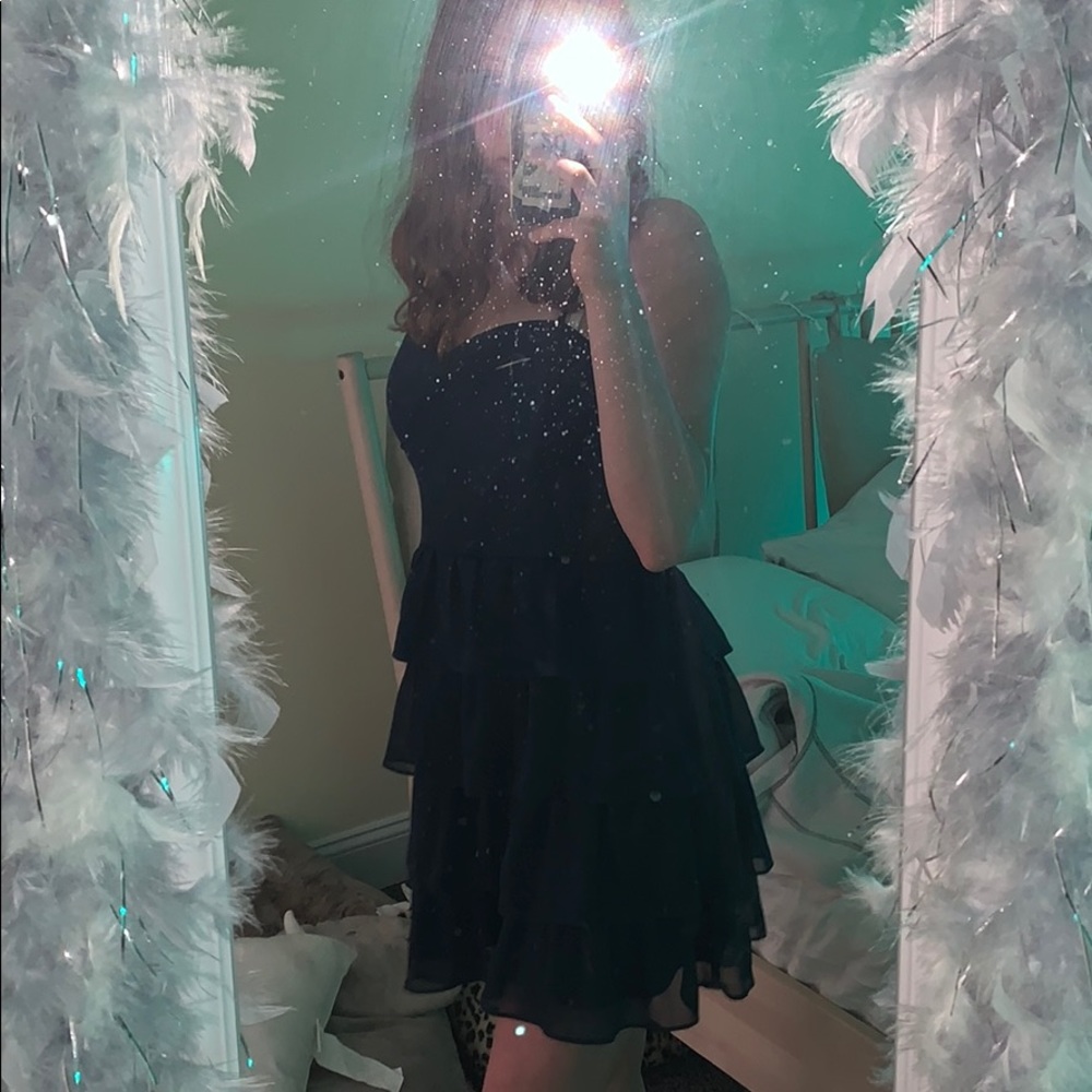 Navy blue ruffled dress thin sleeves